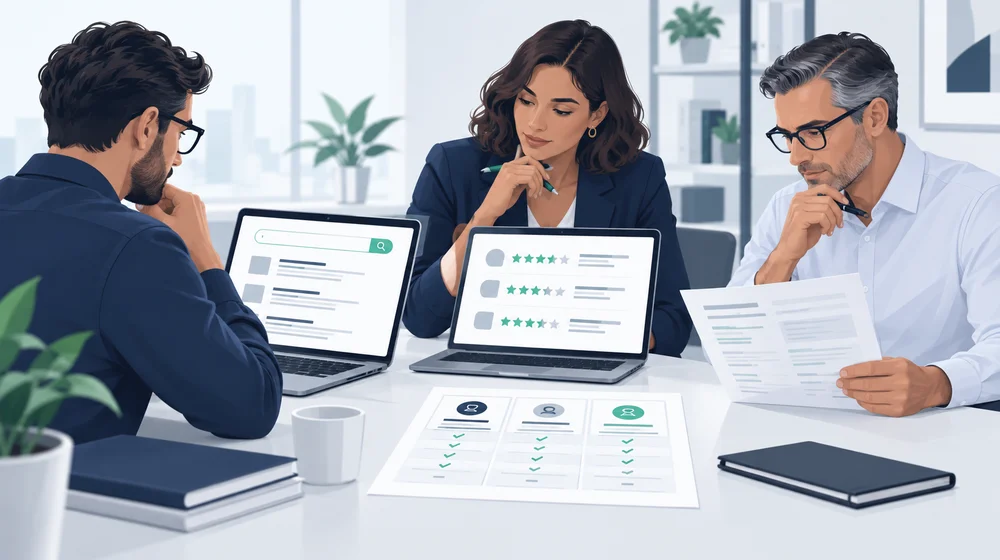 B2B buying committee researching vendors across search and review platforms