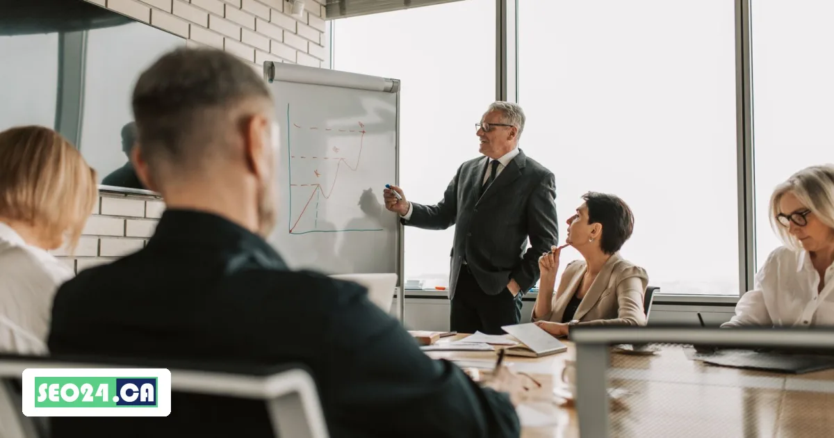 Executive presenting a growth chart to a buying committee in a boardroom, SEO24 B2B SEO in Toronto