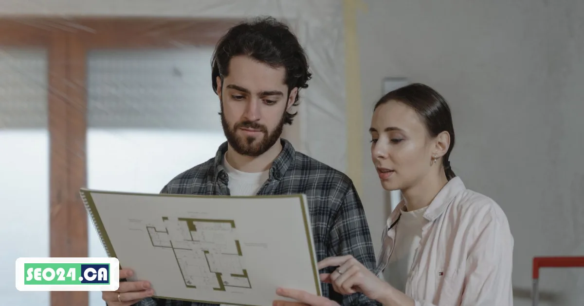 Renovation contractor reviewing a floor plan with a homeowner, SEO24 contractor SEO in Toronto