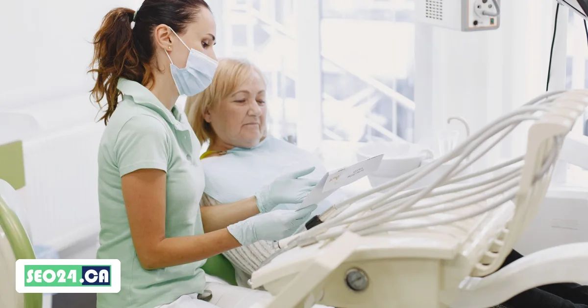 Dentist reviewing a treatment plan with a patient in a bright clinic, SEO24 dentist SEO service in Toronto