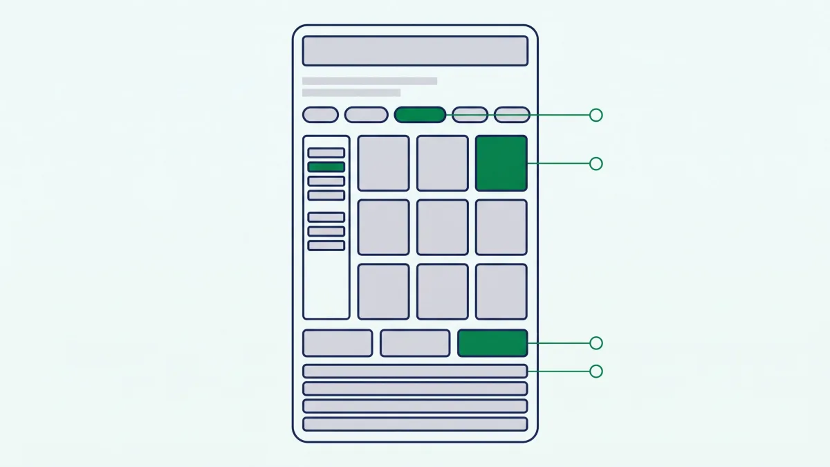 Annotated category page layout showing intro copy, filters, product grid and guide links