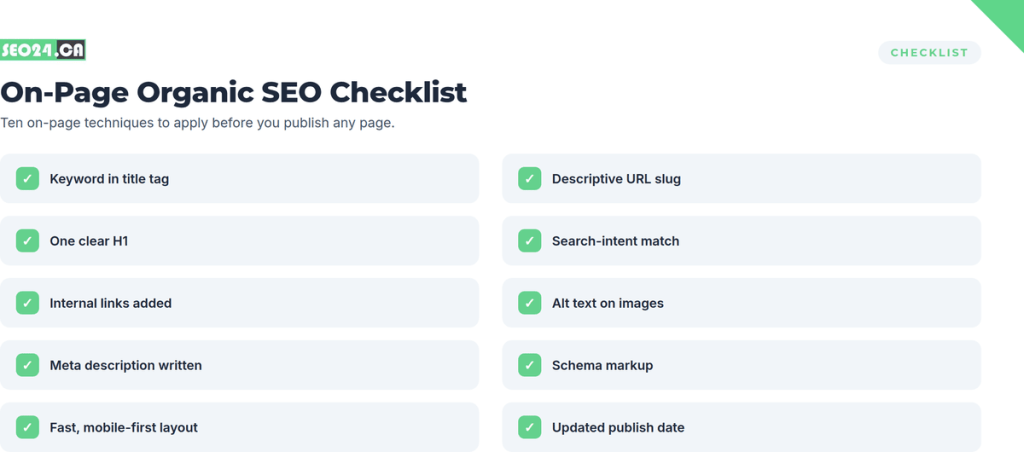 Organic SEO Techniques On-Page SEO organic checklist